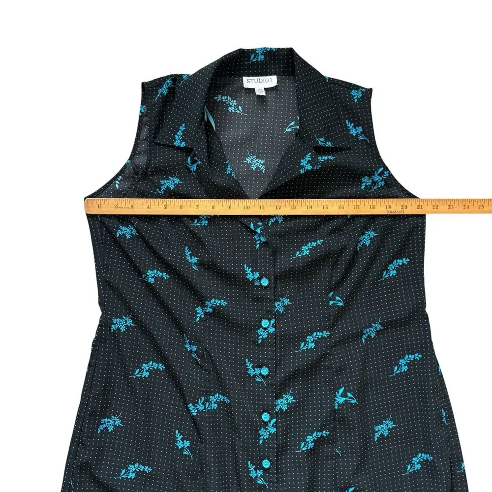 Studio I Shirt Dress Womens 12W Black Blue Floral Polka Dot Sleeveless Cottage